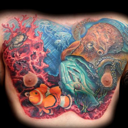Tattoos - Colorful Aquatic Chest Piece Tattoo  - 78217